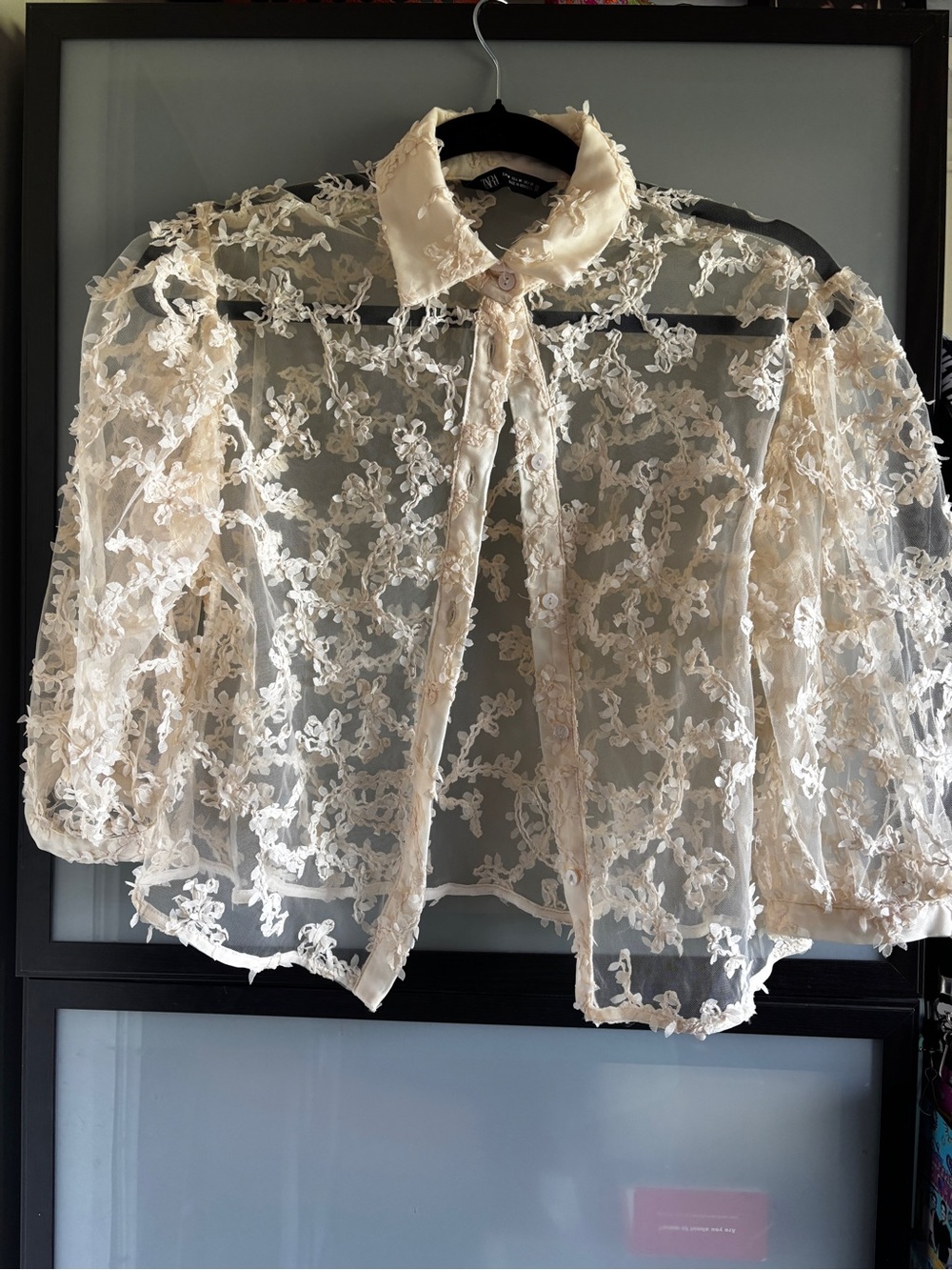 Sheer Floral Lace Button-Up Blouse in Ivory